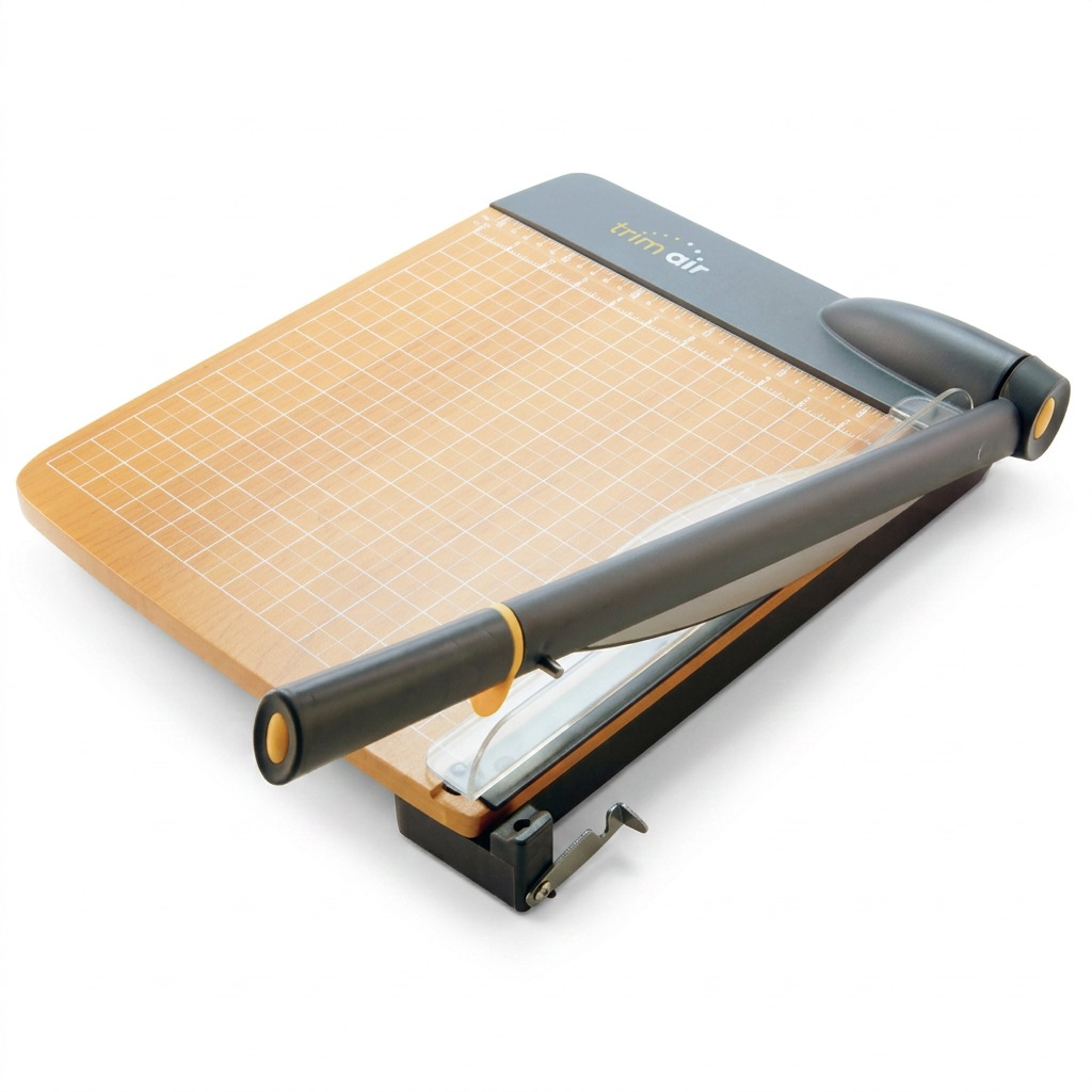 A centered high-resolution product shot of the Westcott TrimAir 46cm guillotine trimmer, featuring a wood base with grid lines, dark grey arm and spine, with visible Trimair branding by the pivot, on a pure white background with soft, clean shadows.