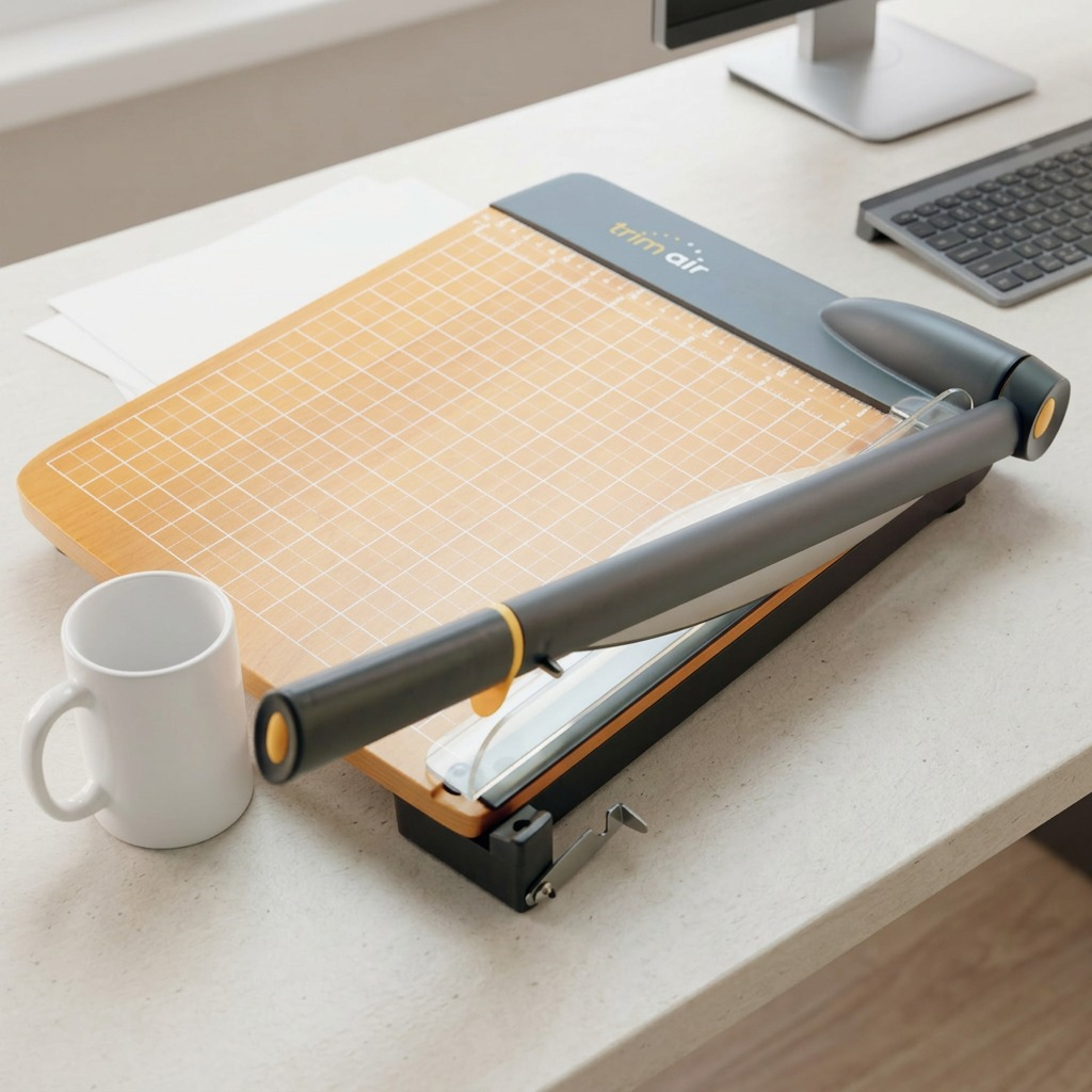 Scale view of Westcott Trimair 18" Trimmer on a desk beside a standard coffee mug.