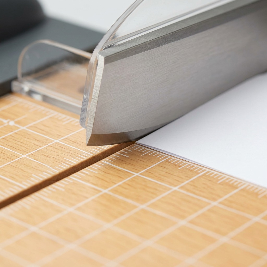 An extreme macro photograph shows the precise guillotine cutting mechanism, self-sharpening blade edge, and measuring grid.