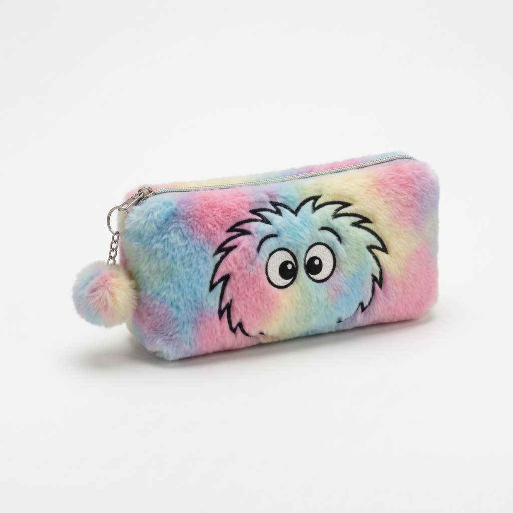 Bugatti Bondstreet Furry Face Pencil Case with rainbow tie-dye faux fur and embroidered character.