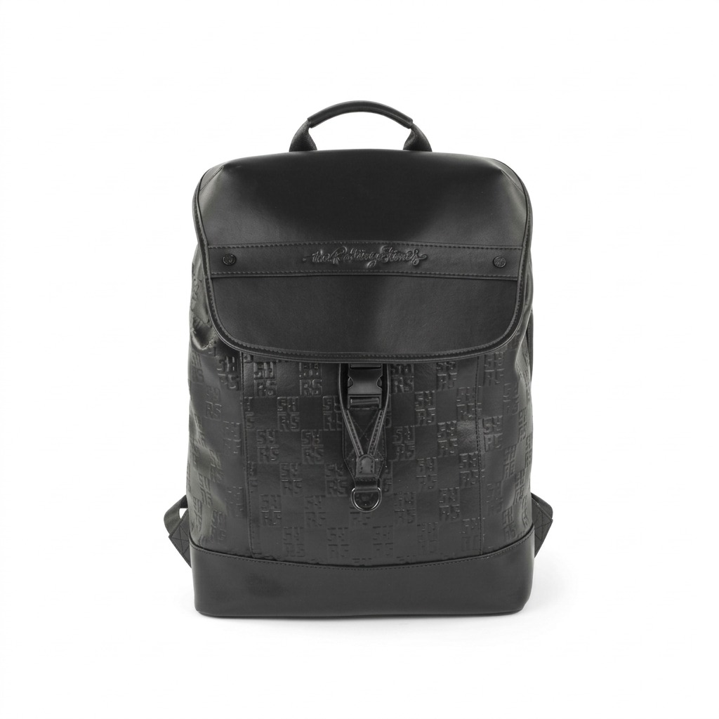 A high-resolution, centered view of the black leather The Rolling Stones Paint It Black backpack with embossed monogram on a pure white background. The front flap, buckle, handle, and leather band with the band's signature are clearly visible.