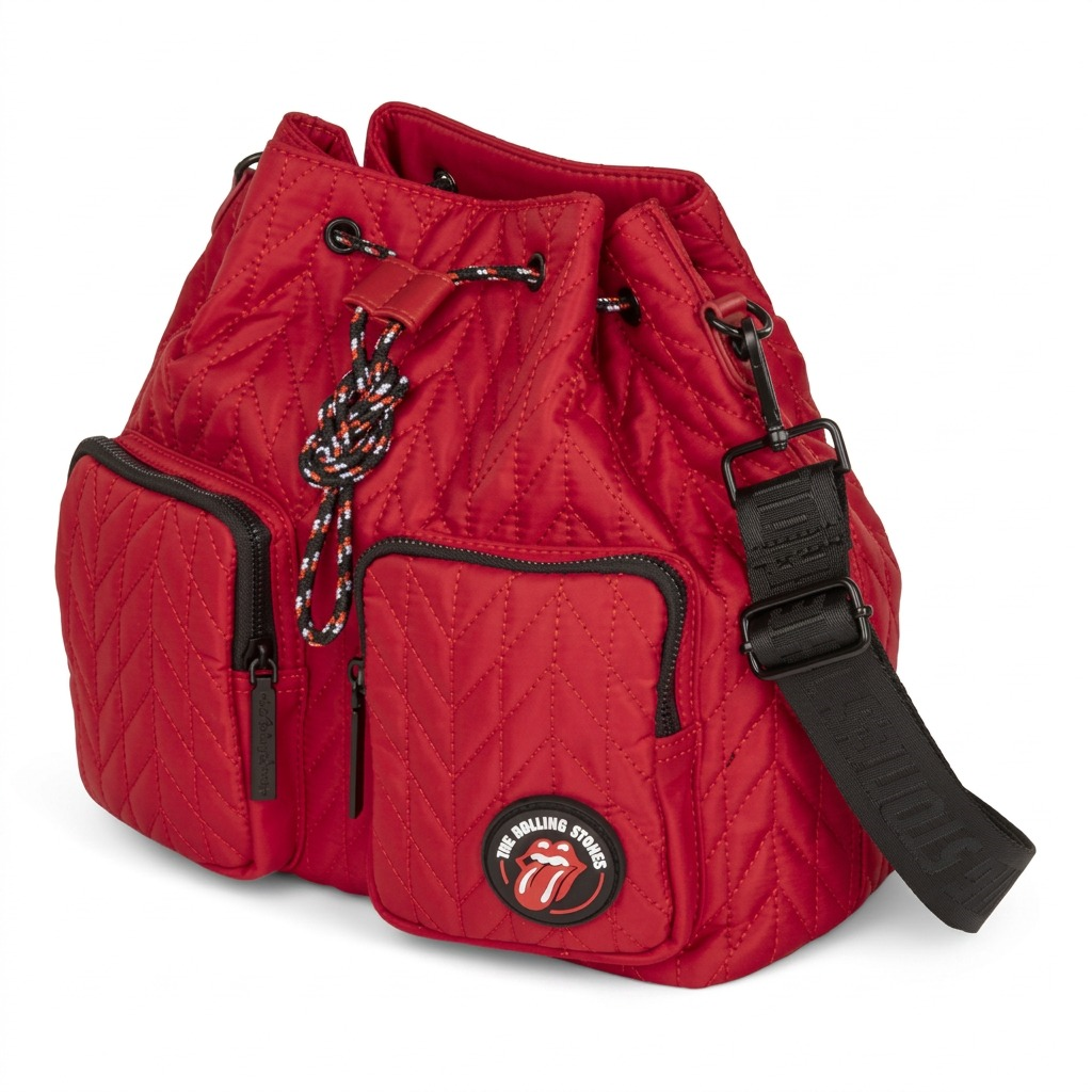 Vue complémentaire de The Rolling Stones Iconic – Sac seau en nylon matelassé, rouge