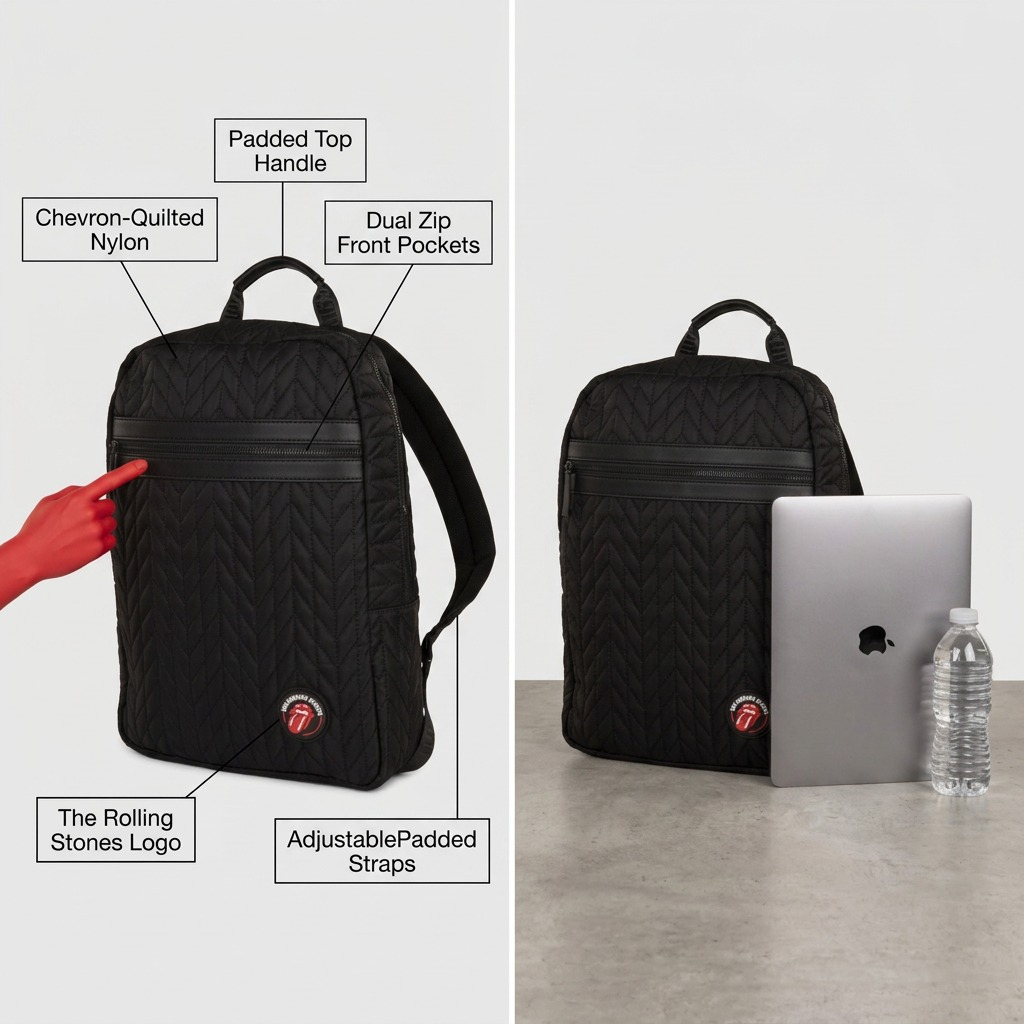Vue de taille comparative de The Rolling Stones Iconic – Sac à dos matelassé en nylon, noir – photo 8