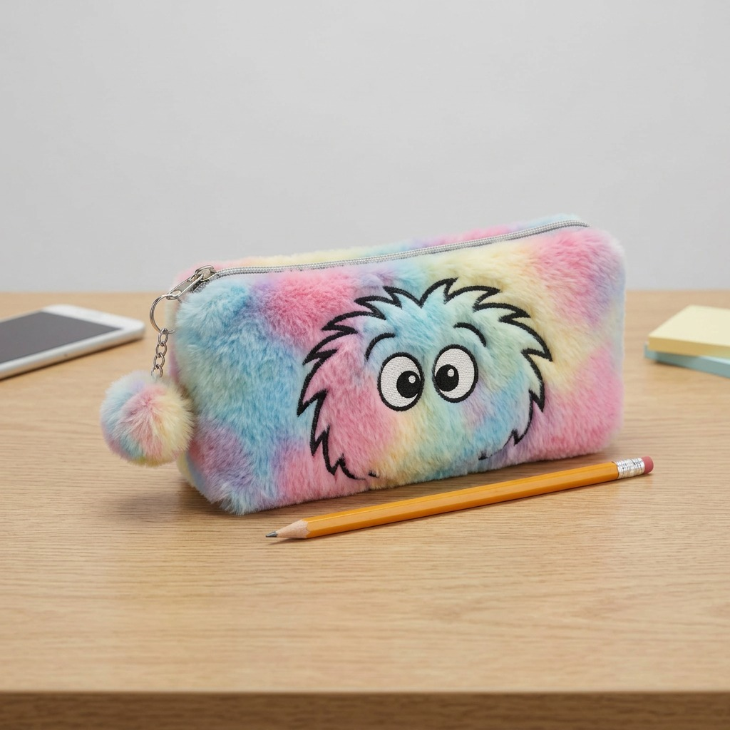 Bugatti Bondstreet Furry Face Pencil Case with rainbow tie-dye faux fur and embroidered character.