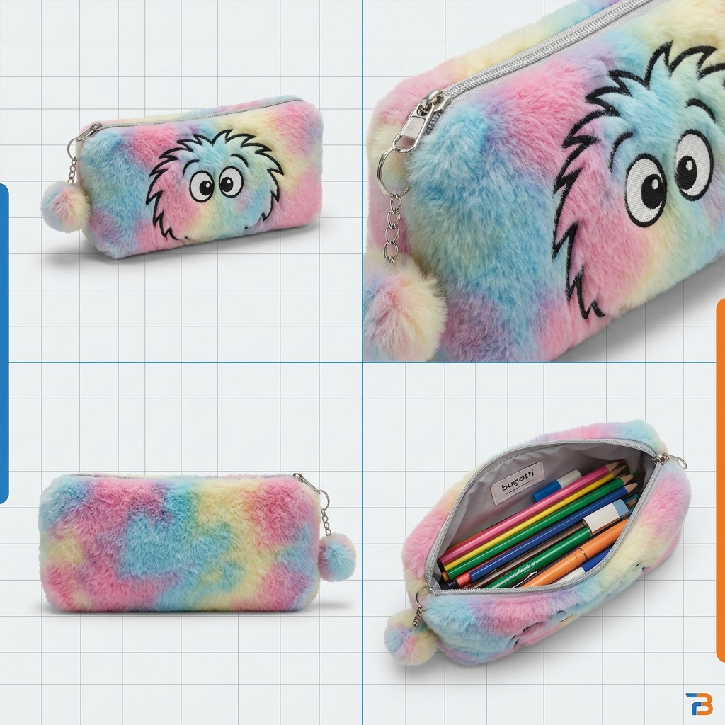 Plusieurs vues de l’étui scolaire pelucheux Bondstreet Furry Face en fausse fourrure pastel multicolore