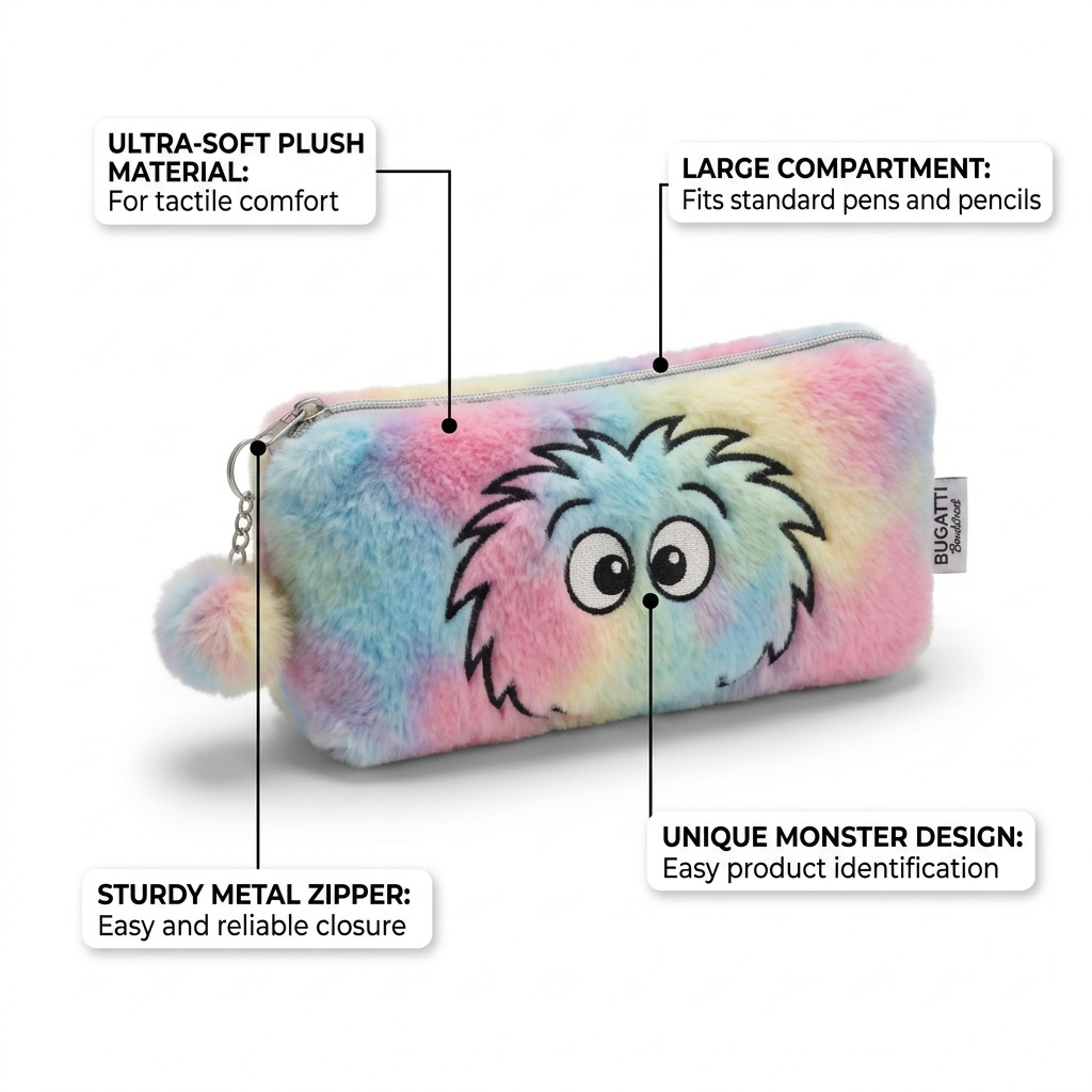 Visuel illustrant les caractéristiques de Bondstreet Furry Face – Étui scolaire pelucheux, multicolore – photo 6