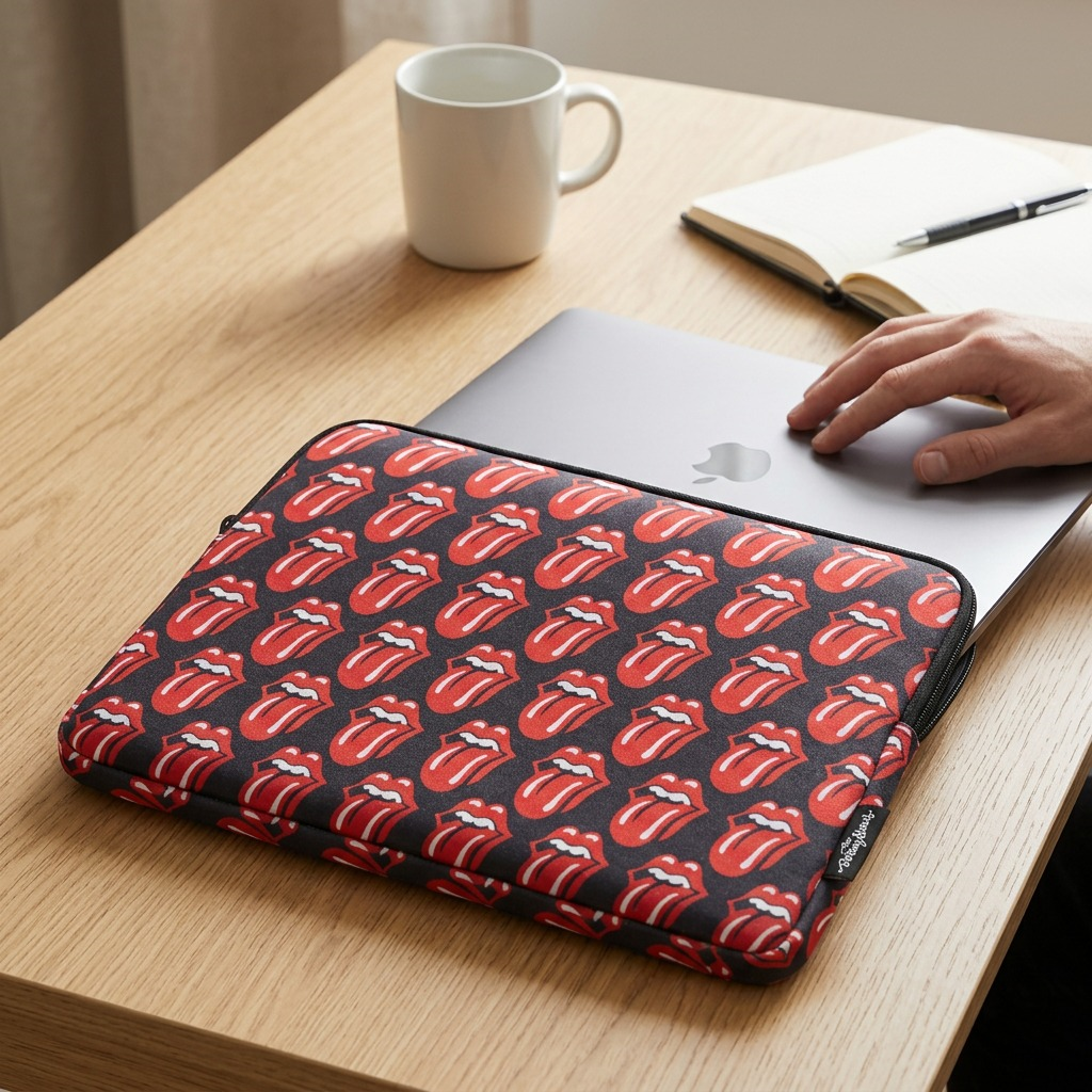 A pristine high-resolution hero shot of The Rolling Stones Core Laptop Sleeve 15.6" against a pure white background. The front shows an all-over repeating pattern of the iconic red tongue and lips logo on a sleek black polyester fabric. A black zipper outlines the top edge, and the subtle "The Rolling Stones" label is visible on the side for brand authenticity. Shot at eye level with neutral, even lighting.