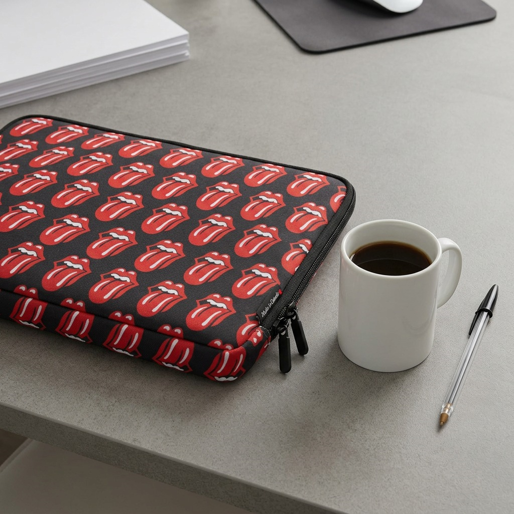 Housse pour ordinateur The Rolling Stones The Core près d’une tasse et d’un stylo pour comparer sa taille