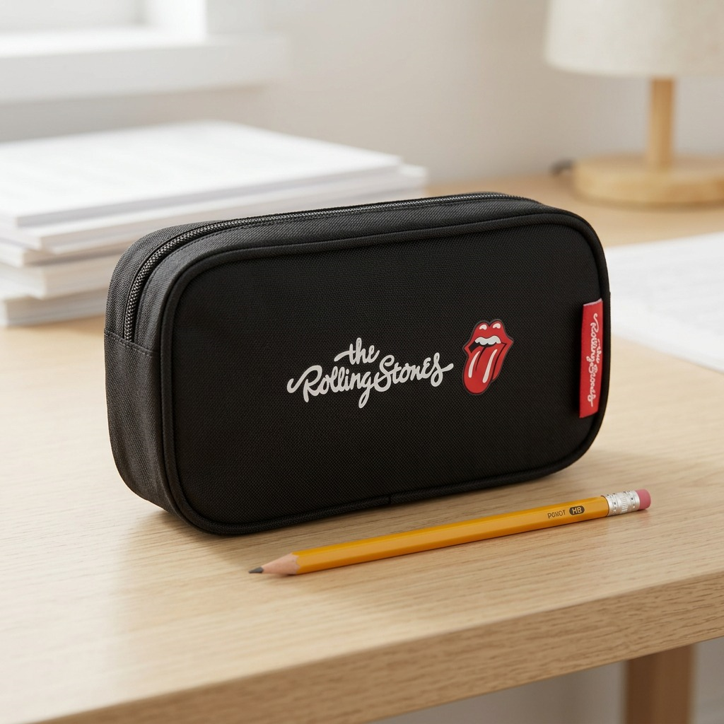 A pure hero shot of the Bugatti Rolling Stones pencil case, featuring accurate logos and branding against a white background.