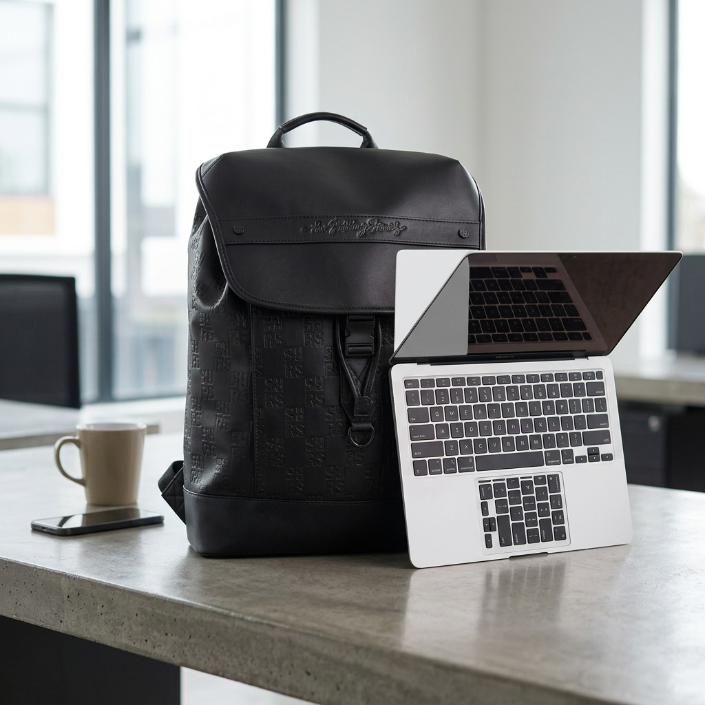 A high-resolution, centered view of the black leather The Rolling Stones Paint It Black backpack with embossed monogram on a pure white background. The front flap, buckle, handle, and leather band with the band's signature are clearly visible.