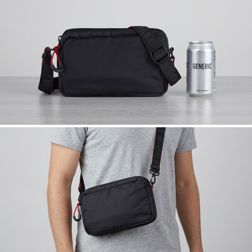 A high-resolution, centered view of the black Bugatti CBY6033RS crossbody bag, featuring a black branded strap with red details, on a pure white background.