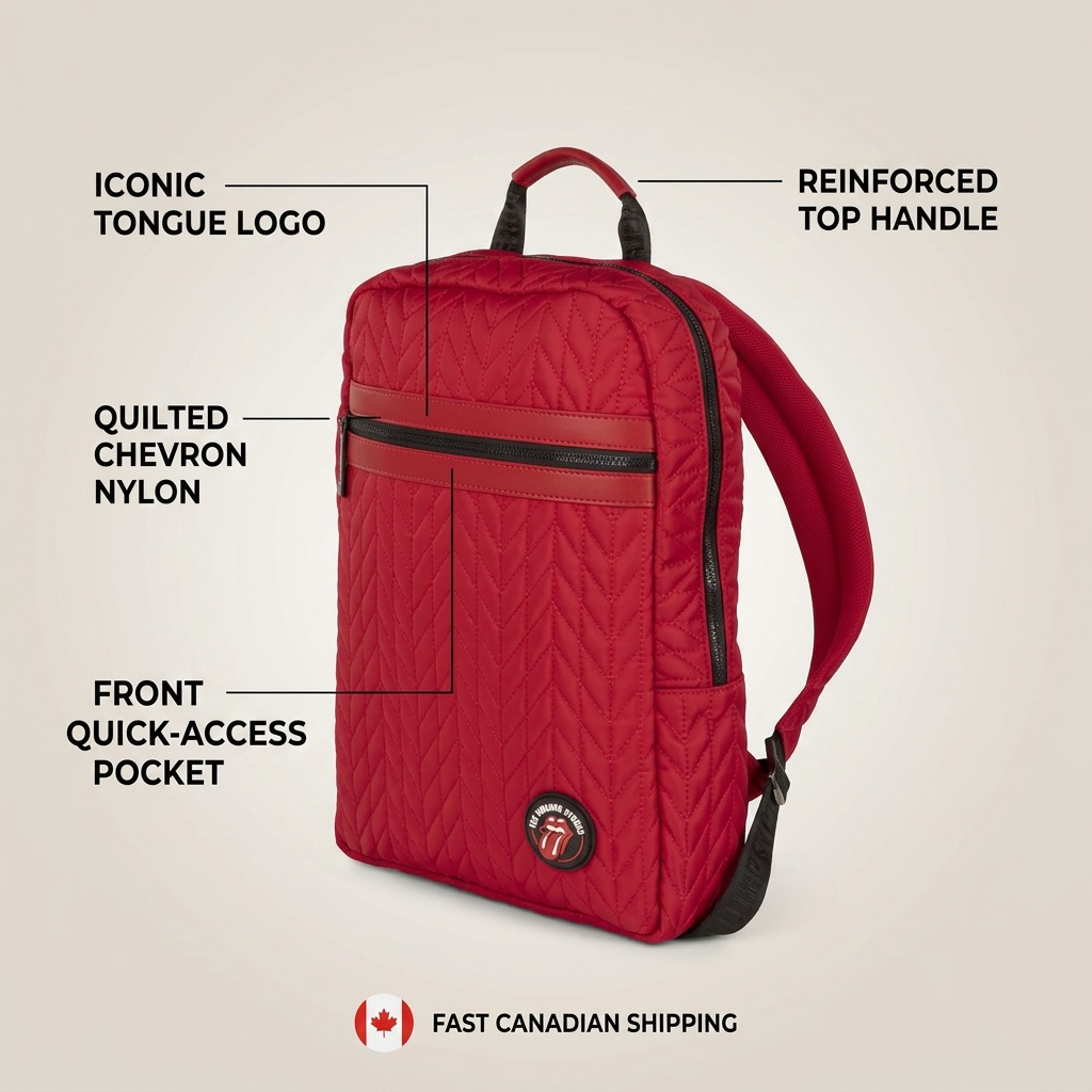 Visuel illustrant les caractéristiques de The Rolling Stones Iconic – Sac à dos matelassé en nylon, rouge – photo 6