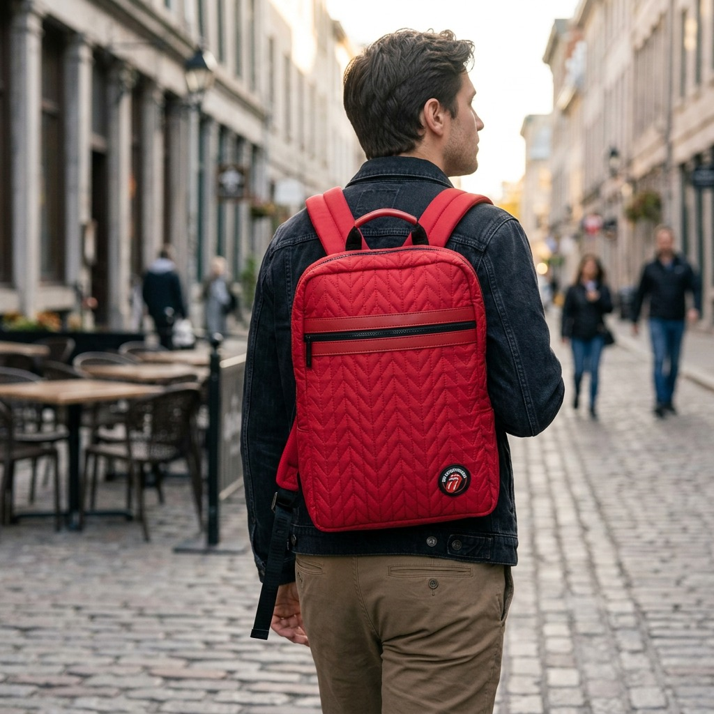 Vue de taille comparative de The Rolling Stones Iconic – Sac à dos matelassé en nylon, rouge – photo 4