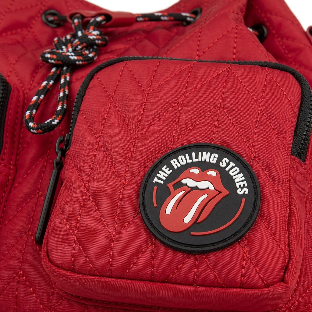 High-resolution hero shot: quilted red Bugatti The Rolling Stones crossbody bucket bag on white background.