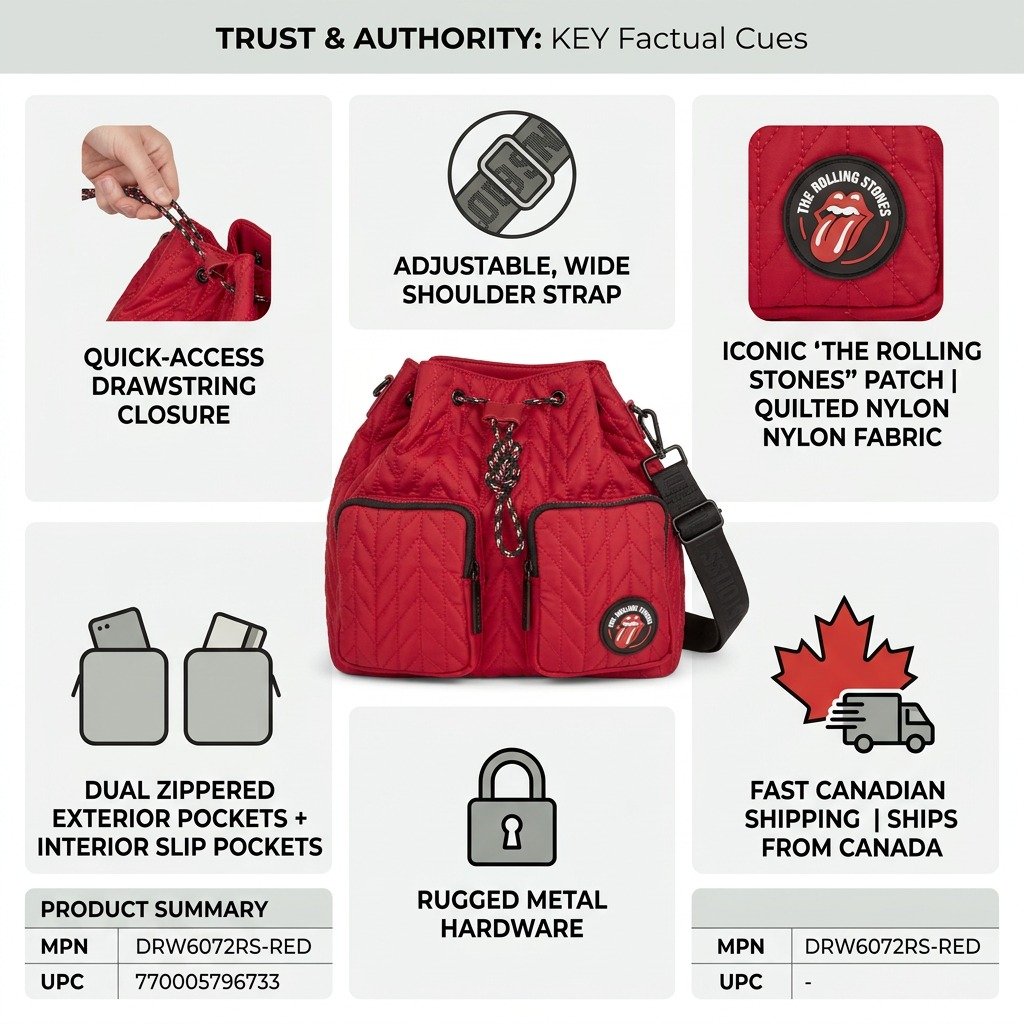 Visuel illustrant les caractéristiques de The Rolling Stones Iconic – Sac seau en nylon matelassé, rouge – photo 7