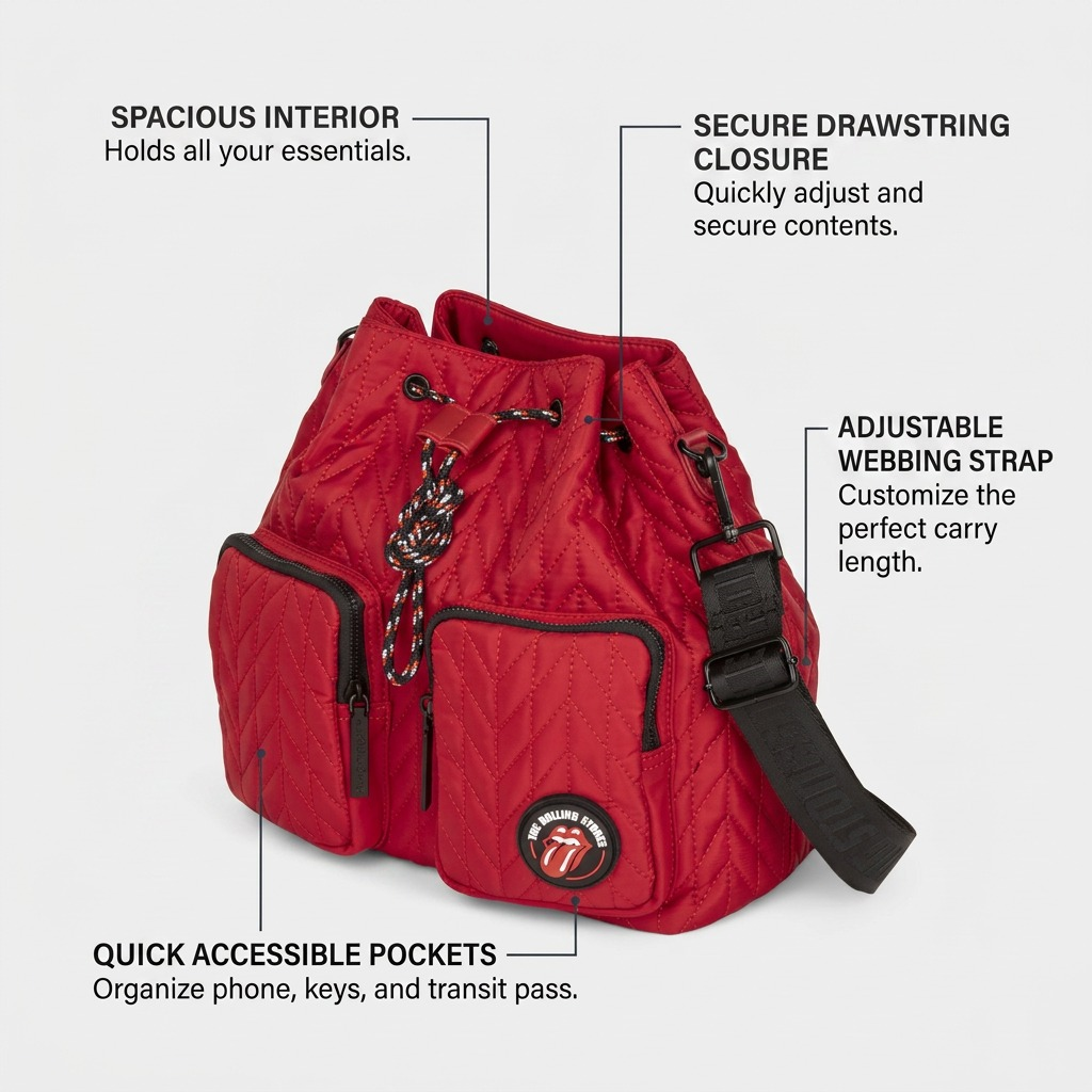 Vue complémentaire de The Rolling Stones Iconic – Sac seau en nylon matelassé, rouge – photo 5