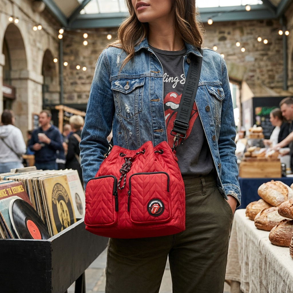 Mise en situation de The Rolling Stones Iconic – Sac seau en nylon matelassé, rouge – photo 3
