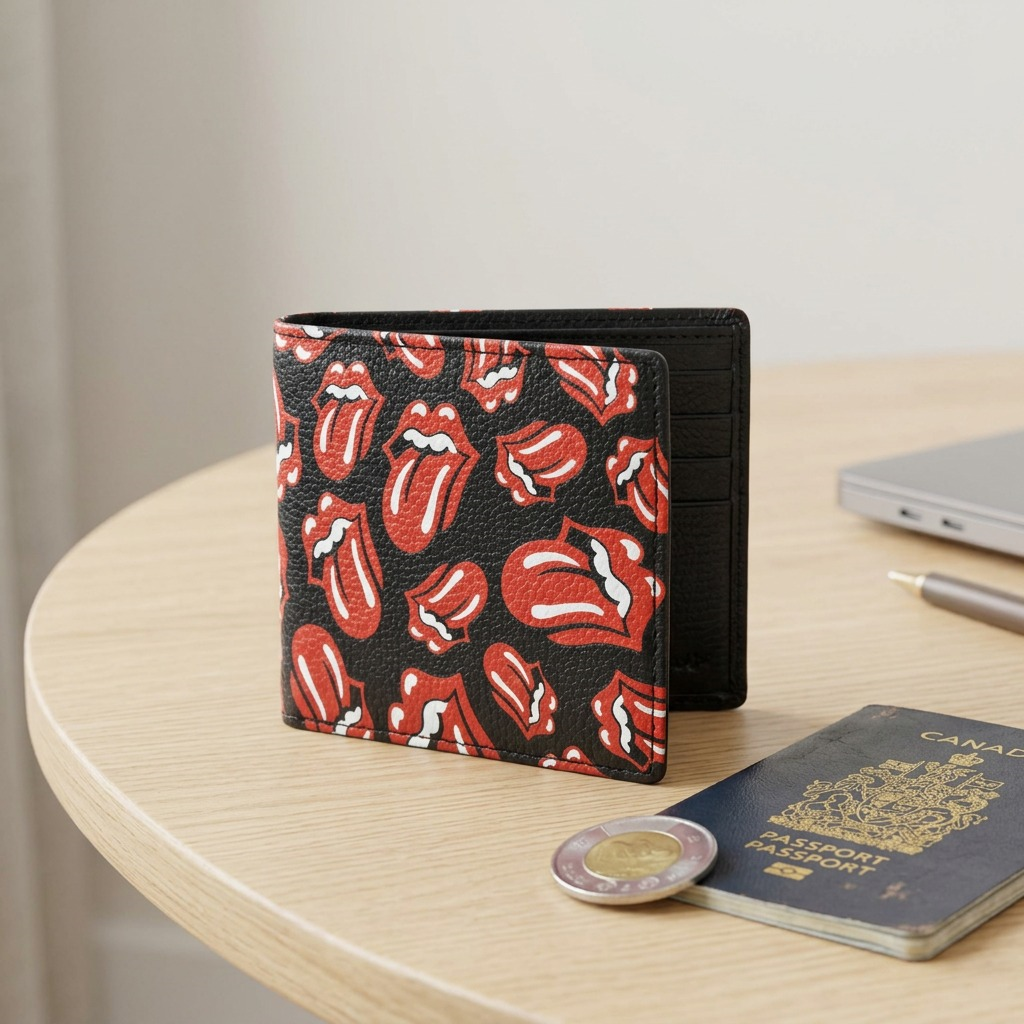 High-resolution hero shot of the opened Bugatti Rolling Stones bifold wallet on a pure white background.
