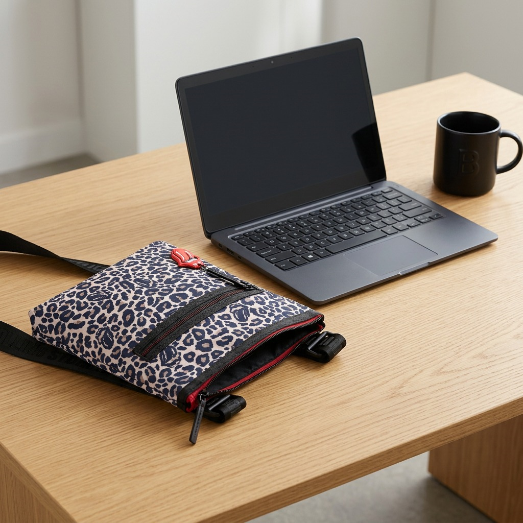 High-resolution hero shot of the blue leopard print Rolling Stones crossbody bag with red logo charm.