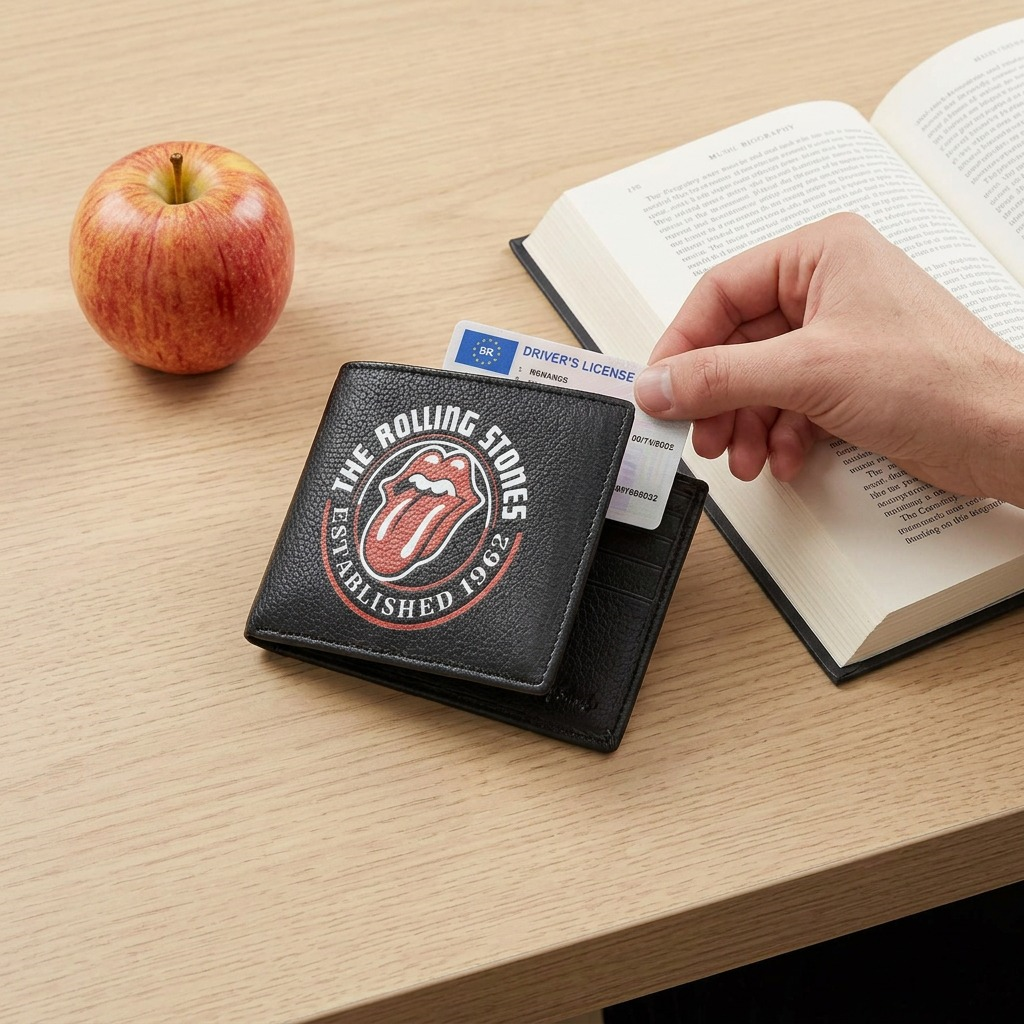 A premium black leather Rolling Stones bifold wallet is shown open on a white background.
