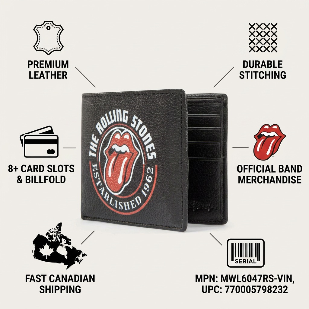 Visuel illustrant les caractéristiques de The Rolling Stones The Watts – Portefeuille pour homme en cuir, style vintage – photo 8