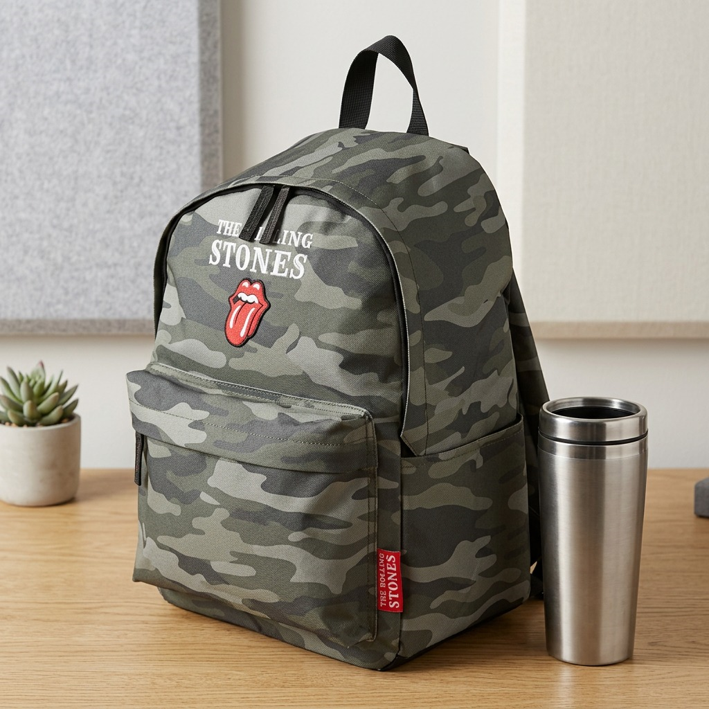 Pure studio hero shot of the green camouflage Rolling Stones backpack with a front logo on a white background.