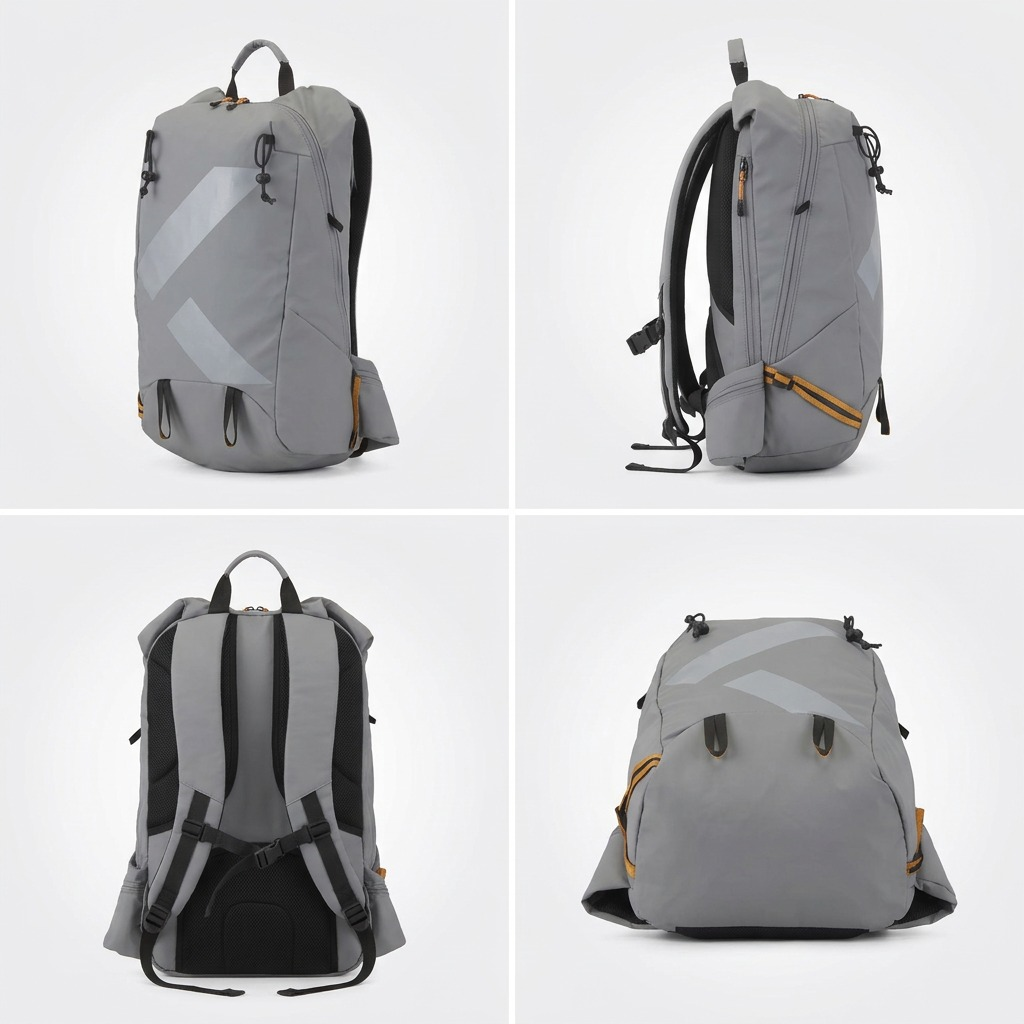 Matrix of four different angles of the Bugatti Rogers Touring Backpack in ripstop grey 20L.