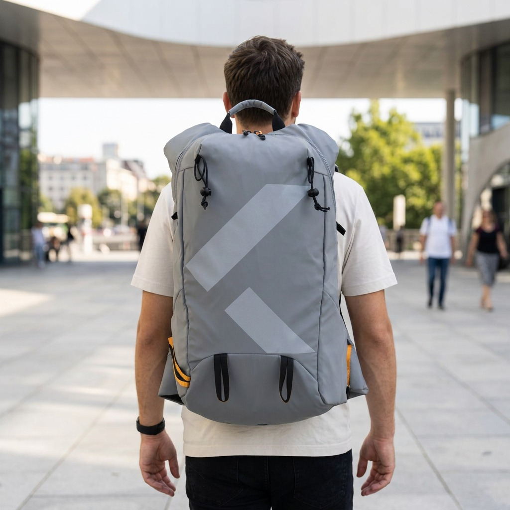 Rear view of a man walking in a city wearing the Bugatti Rogers Touring Backpack in ripstop grey.