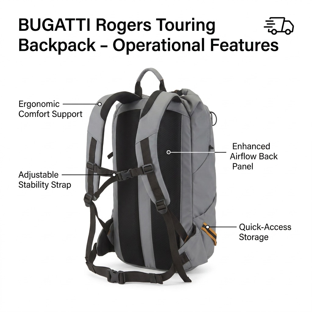 Bugatti Rogers Touring Backpack features: ergonomic straps, airflow back panel, and stability strap.