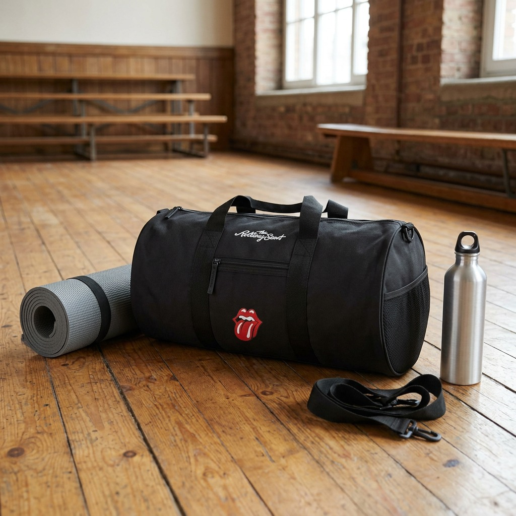 Sac de voyage noir The Rolling Stones The Core posé près d’un tapis de yoga et d’une bouteille