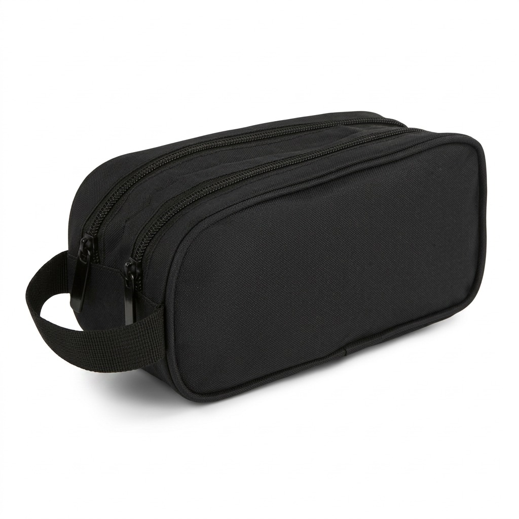 Black Bugatti Bond Street pencil case with double zippers and side carry handle on white background.