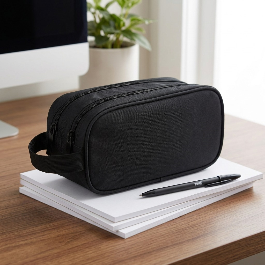 Black Bugatti Bond Street pencil case with double zippers and side carry handle on white background.