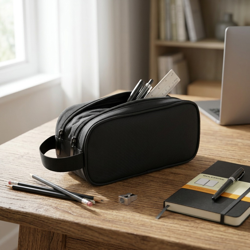 Black Bugatti Bond Street pencil case on a wooden desk with stationery, notebook, and a laptop.