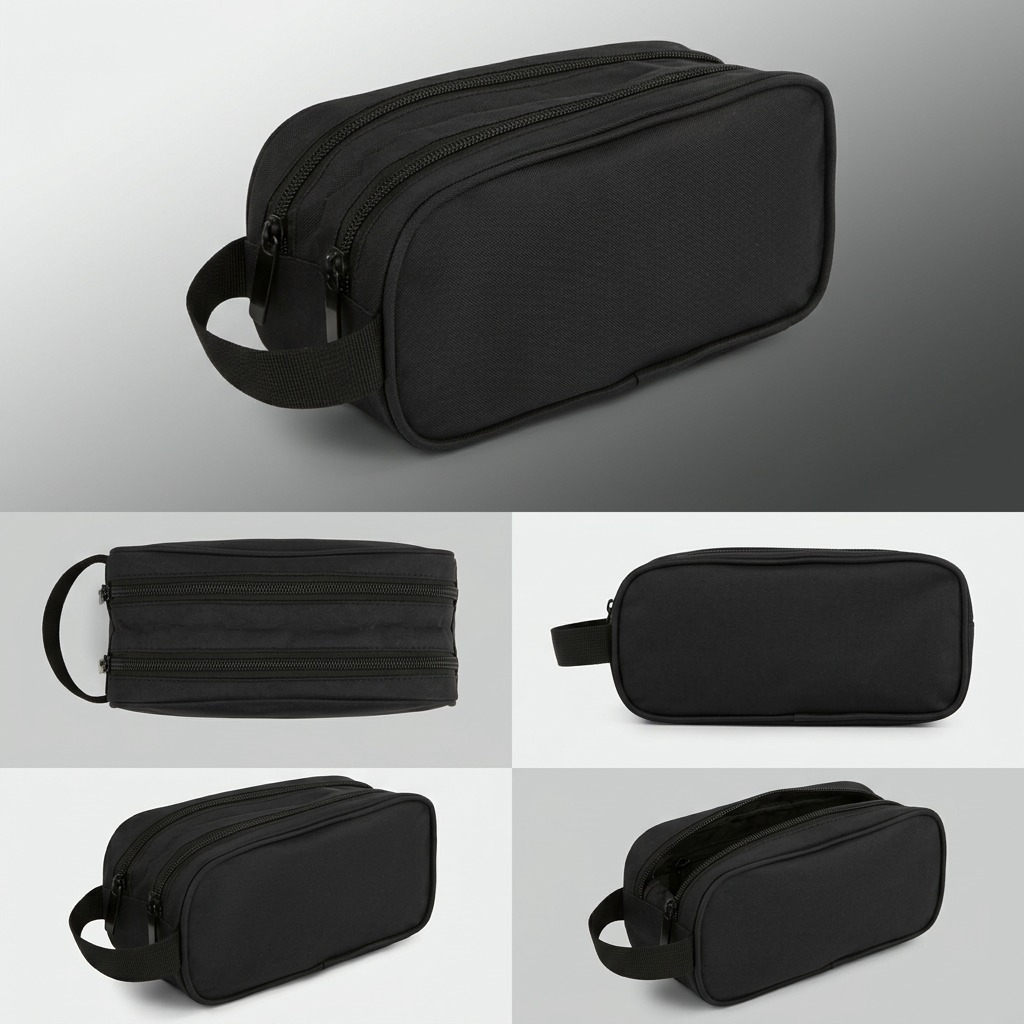 Grid of black Bugatti Bond Street pencil cases showing top, side, and angled views with double zippers.