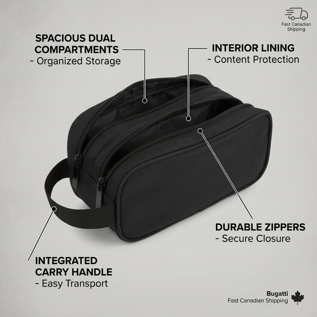 A black Bugatti Bond Street pencil case showing dual compartments, zippers, and an integrated handle.