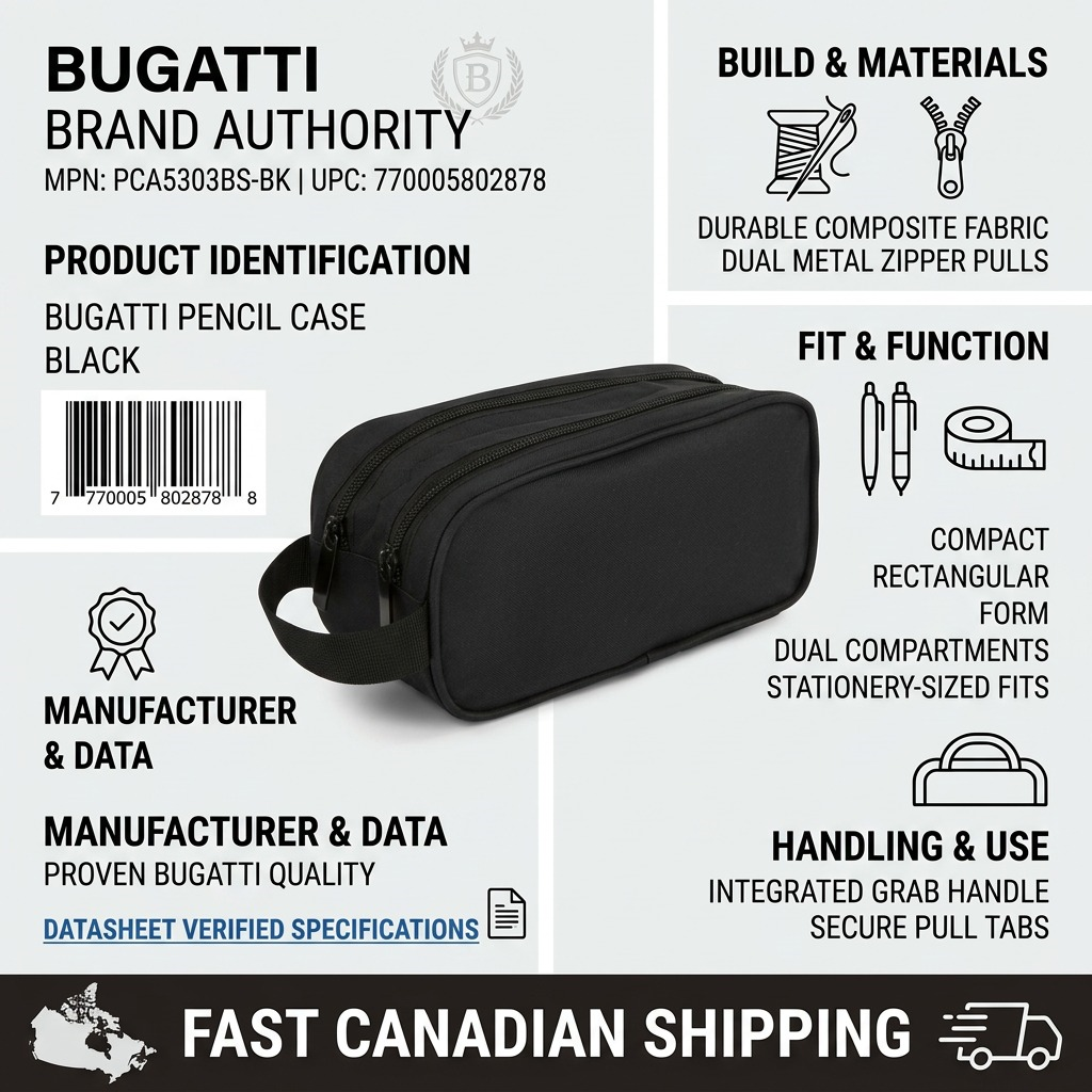 Bugatti Bond Street black pencil case infographic showing dual compartments and durable fabric.