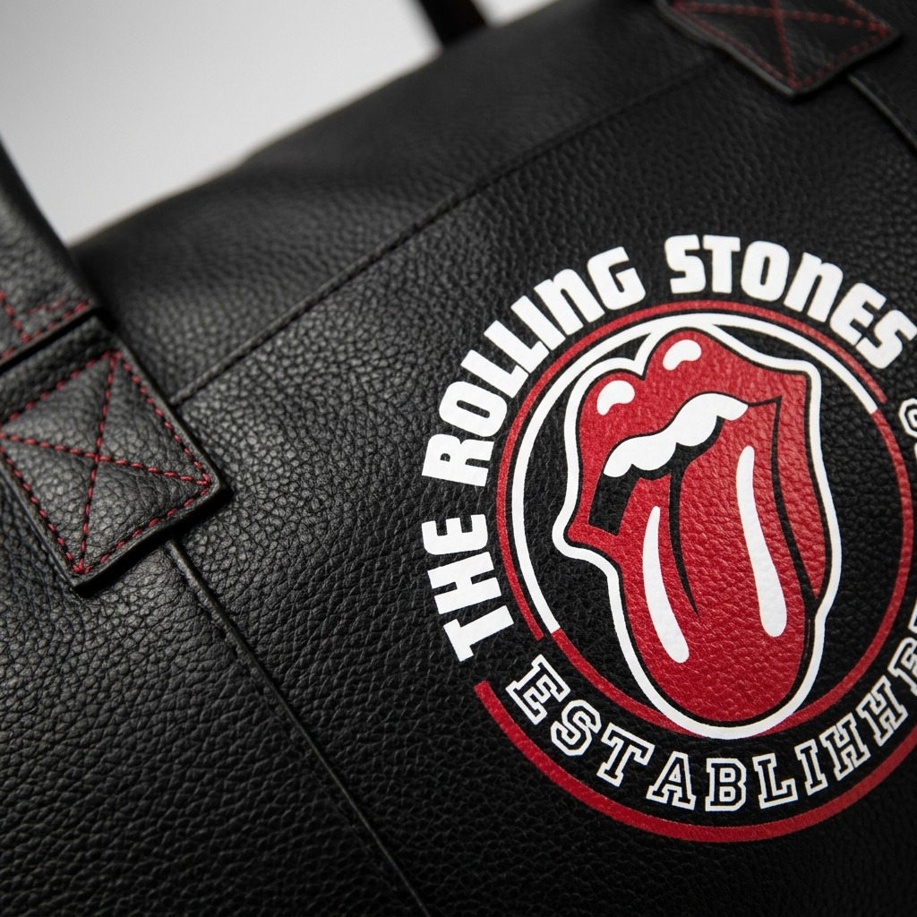 Pure high-resolution hero shot of The Rolling Stones Watts Leather Duffle Bag from image_0.png, centrally positioned on a pure white background with a clean shadow, featuring precise rendering of the black pebbled leather, handle stitching, hardware, and the canonical central logo from image_0.png.