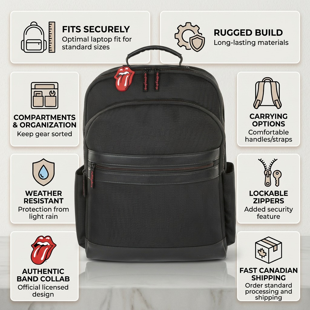 Visuel illustrant les caractéristiques de The Rolling Stones Flashpoint – Sac à dos en polyester texturé, noir – photo 8