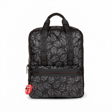 Bugatti BKP6013RS Rolling Stones black ripstop backpack with tongue logo pattern and zipper charm.