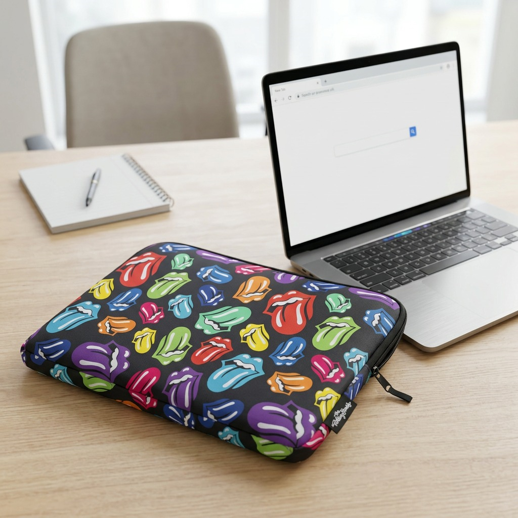 Hero shot of Bugatti Rolling Stones 15.6" laptop sleeve against a clean white background.