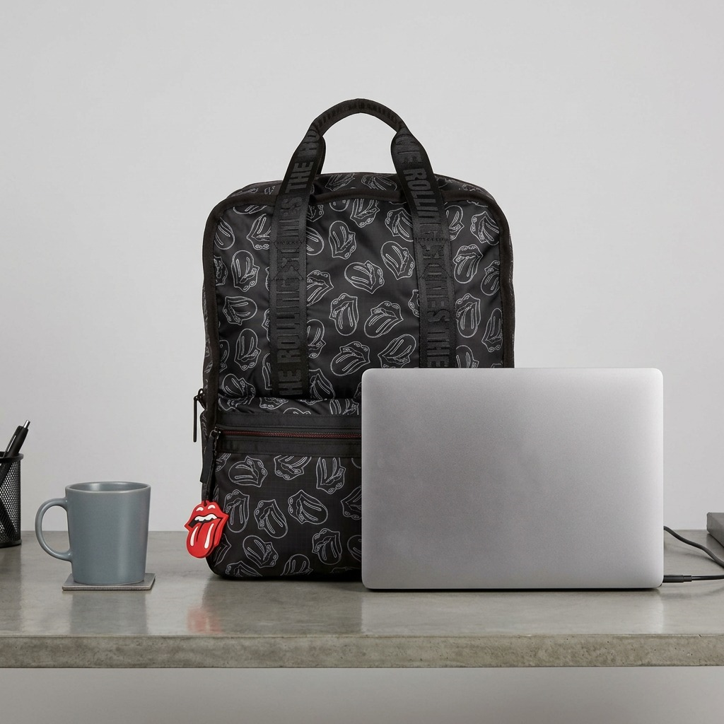 Bugatti BKP6013RS Rolling Stones black ripstop backpack with tongue logo pattern and zipper charm.