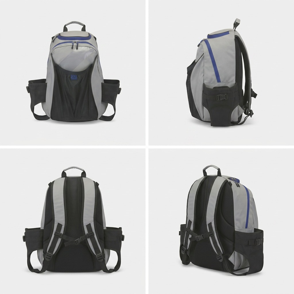 Multiple views of the grey and blue Bugatti K&B Sport Tremblant 45L boot backpack gear carrier.