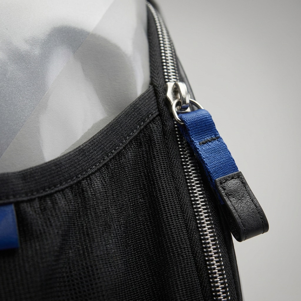 Macro detail of the Bugatti Tremblant 45L Boot Bag showing a silver zipper with a blue fabric pull.