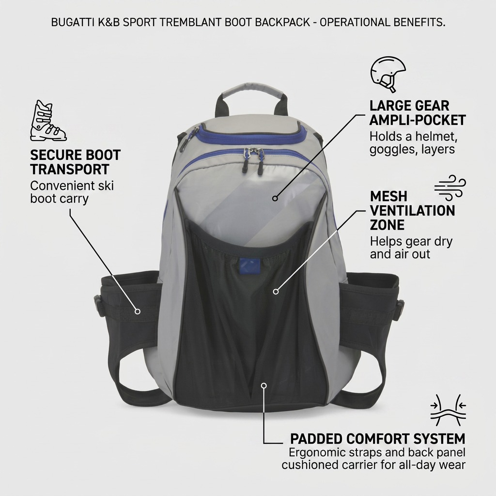 Grey Bugatti Tremblant boot backpack featuring side boot holsters, gear pocket, and mesh ventilation.