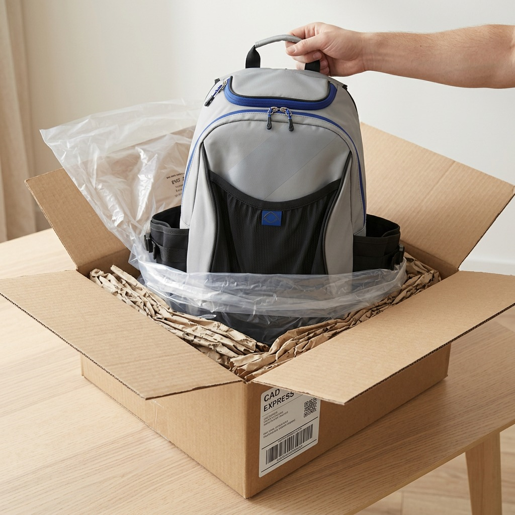 A hand unboxing a grey Bugatti K&B Sport Tremblant 45L boot bag from a cardboard shipping box.