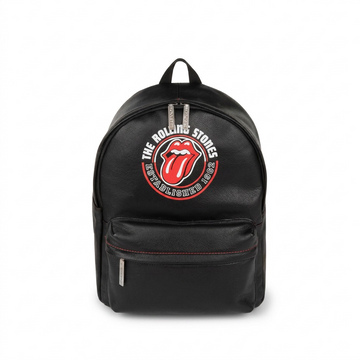 Bugatti Rolling Stones black leather backpack with logo and red stitching detail on white background.