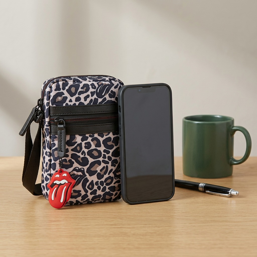 A high-resolution hero shot of the leopard print mobile crossbody case with the Rolling Stones logo charm.