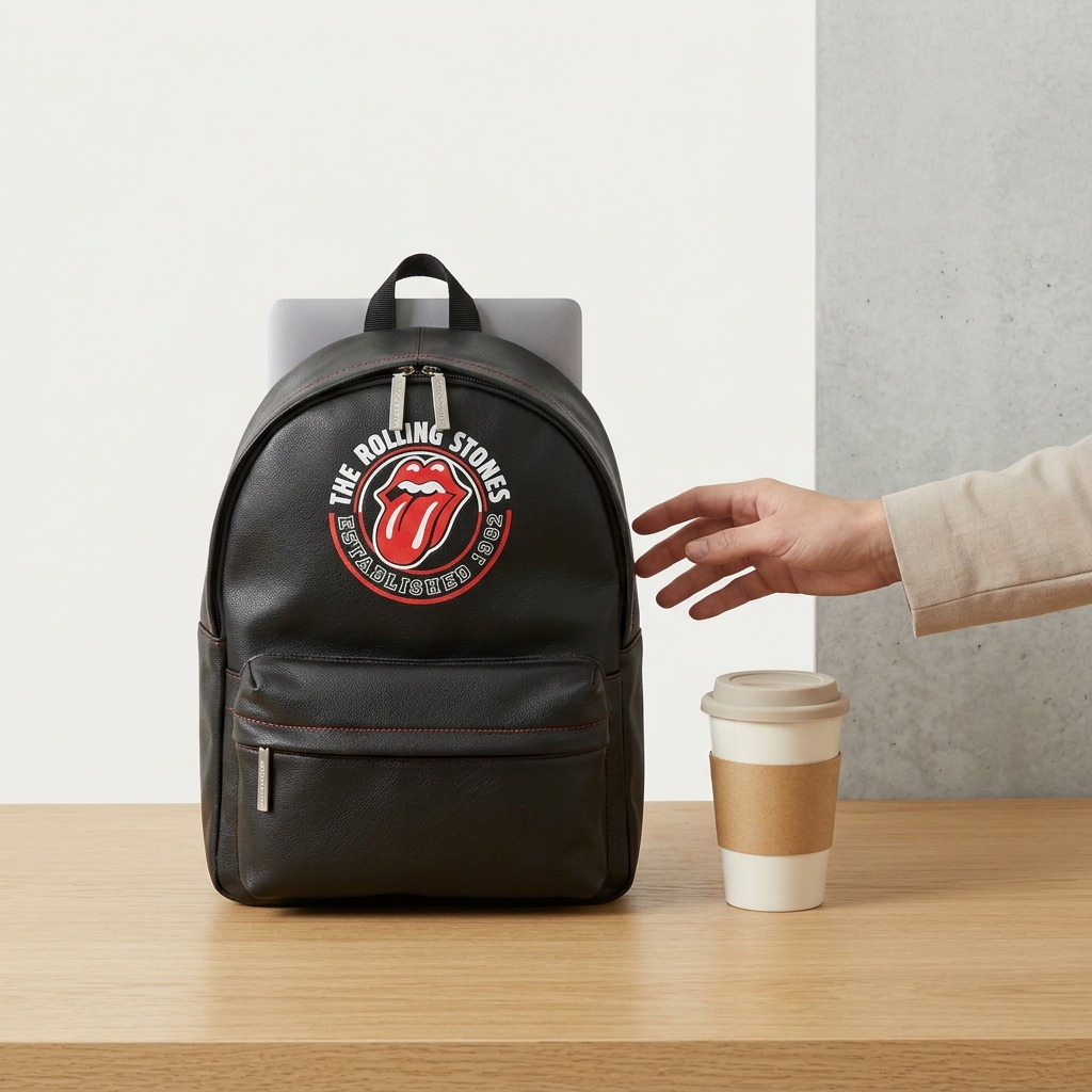 A 3/4 view leather backpack next to a standard reusable coffee cup in a scale comparison photo.