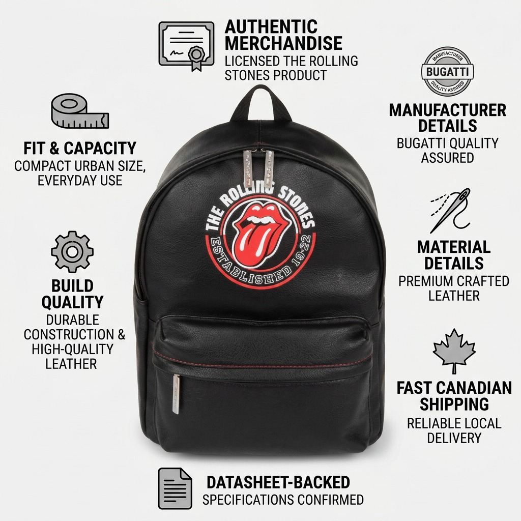 Bugatti The Rolling Stones Watts Leather Backpack infographic with factual confidence cues. It highlights authentic merchandise, manufacturer assured quality by Bugatti, premium crafted leather, fast Canadian shipping, high-quality build, and everyday fit and capacity, with specs backed by the datasheet.