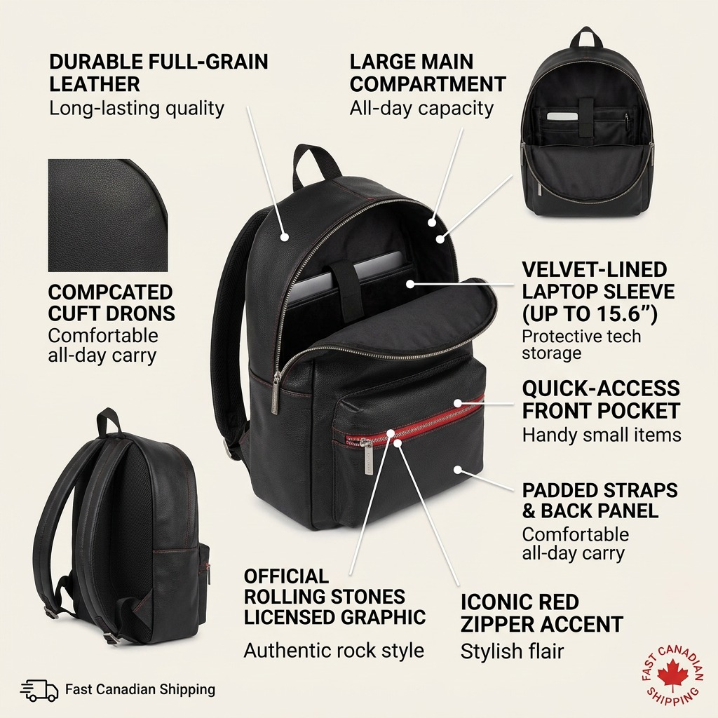 A detailed feature-callout image with a matrix layout showcasing the The Rolling Stones The Watts Leather Backpack with all its key components, benefits, and the official Rolling Stones graphic prominently displayed.